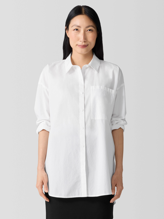 Washed Organic Cotton Poplin Classic Collar Long Shirt - Eileen Fisher Outlet