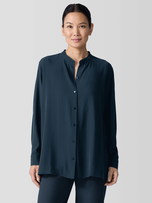 Silk Georgette Crepe Band Collar Shirt - Eileen Fisher Outlet