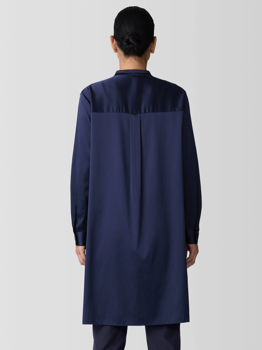Stretch Silk Charmeuse Band Collar Long Shirt - Eileen Fisher Outlet