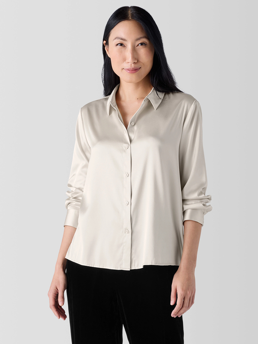 Stretch Silk CharmeuseClassic Collar Shirt - Eileen Fisher Outlet