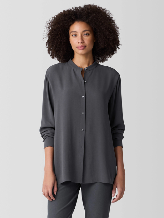 Silk Georgette Crepe Band Collar Shirt - Eileen Fisher Outlet