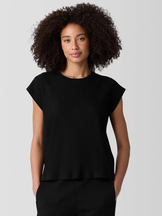 Textured Stretch Rib Round Neck Top - Eileen Fisher Outlet