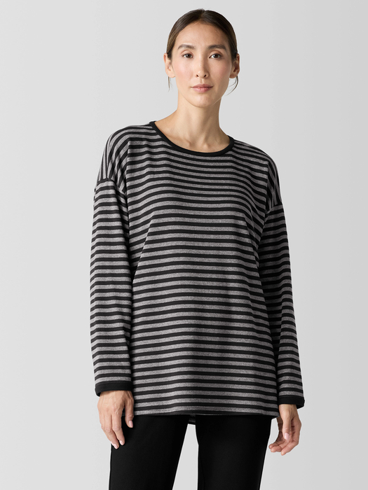 Striped Cozy Brushed Terry Long Box-Top - Eileen Fisher Outlet