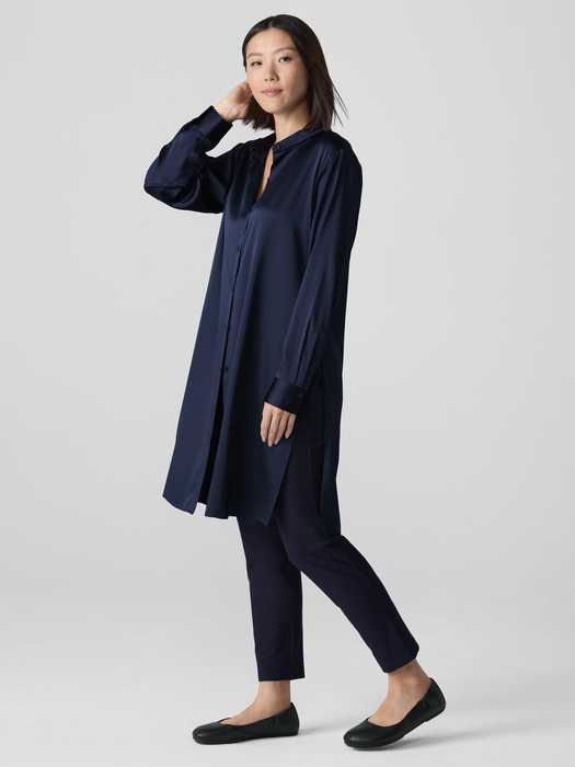 Stretch Silk Charmeuse Band Collar Long Shirt - Eileen Fisher Outlet