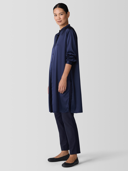 Stretch Silk Charmeuse Band Collar Long Shirt - Eileen Fisher Outlet