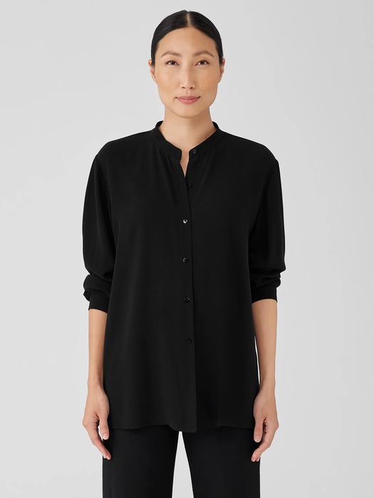 Silk Georgette Crepe Mandarin Collar Shirt - Eileen Fisher Outlet