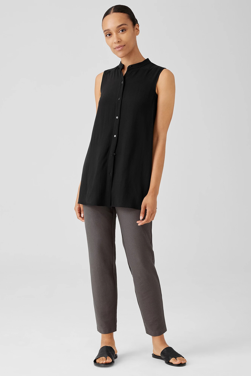 Stretch Silk Charmeuse Band Collar Long Shirt - Eileen Fisher Outlet