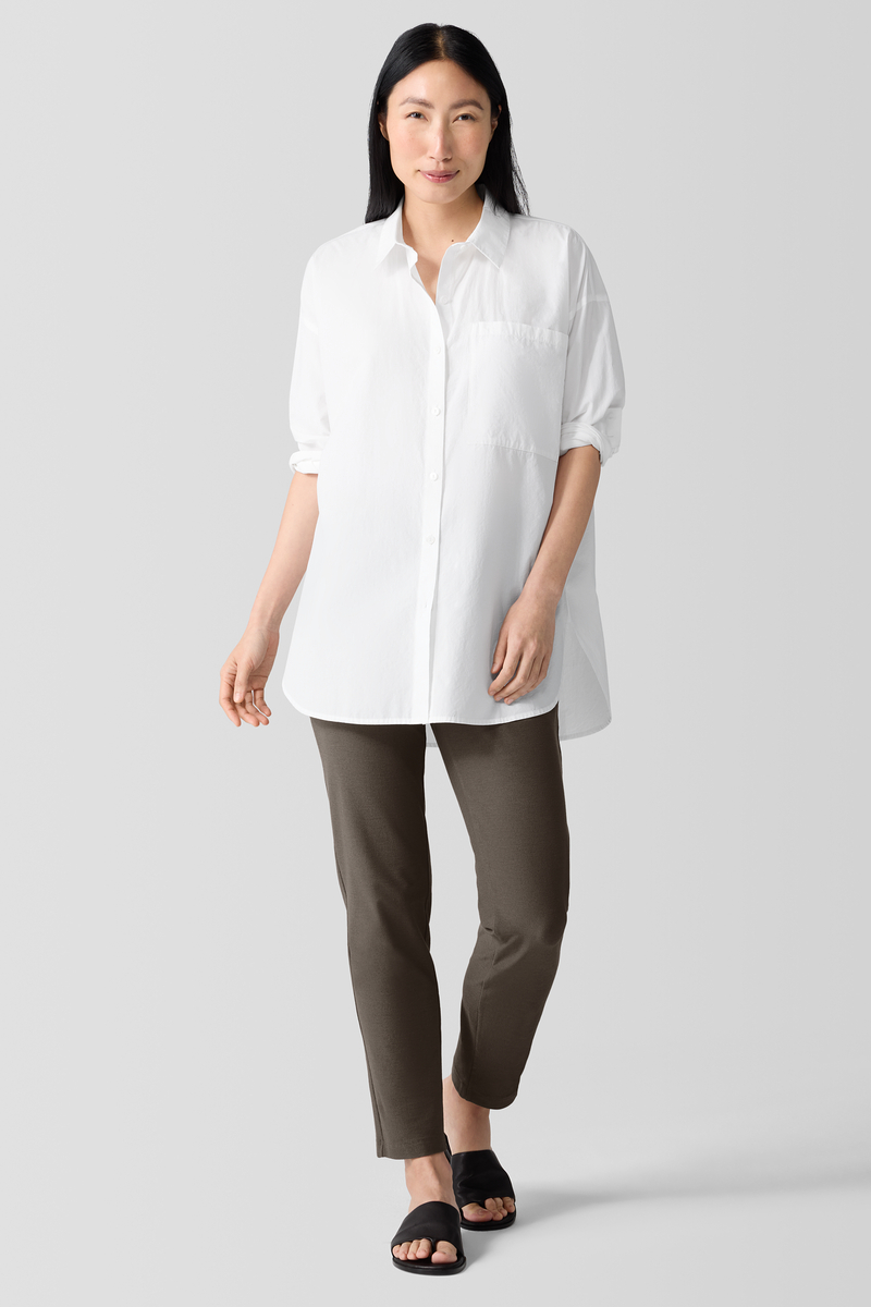 Stretch Silk Charmeuse Band Collar Long Shirt - Eileen Fisher Outlet