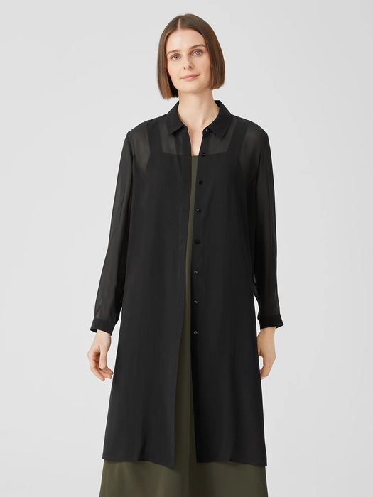 Sheer Silk Georgette Classic Collar Long Shirt - Eileen Fisher Outlet