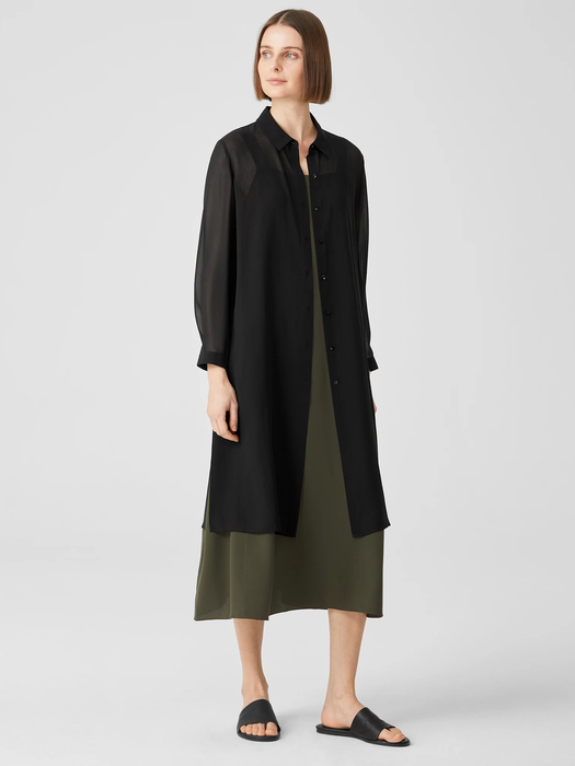 Sheer Silk Georgette Classic Collar Long Shirt - Eileen Fisher Outlet