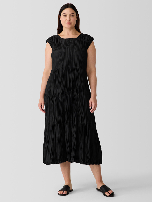 Crushed Silk Jewel NeckTiered Dress - Eileen Fisher Outlet