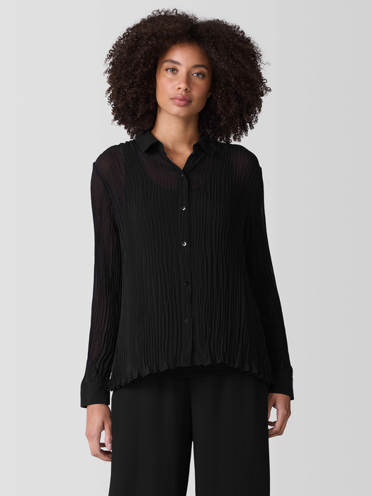 Crinkled Sheer Silk Georgette Classic Collar Shirt - Eileen Fisher Outlet