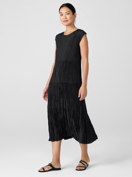 Crushed Silk Jewel NeckTiered Dress - Eileen Fisher Outlet