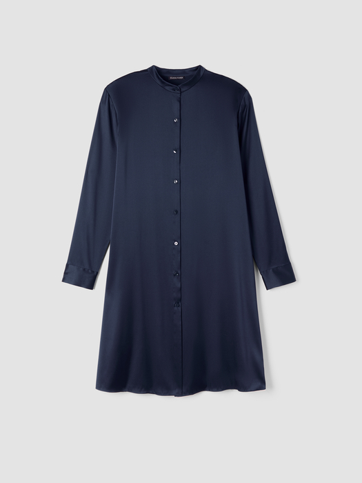 Stretch Silk Charmeuse Band Collar Long Shirt - Eileen Fisher Outlet