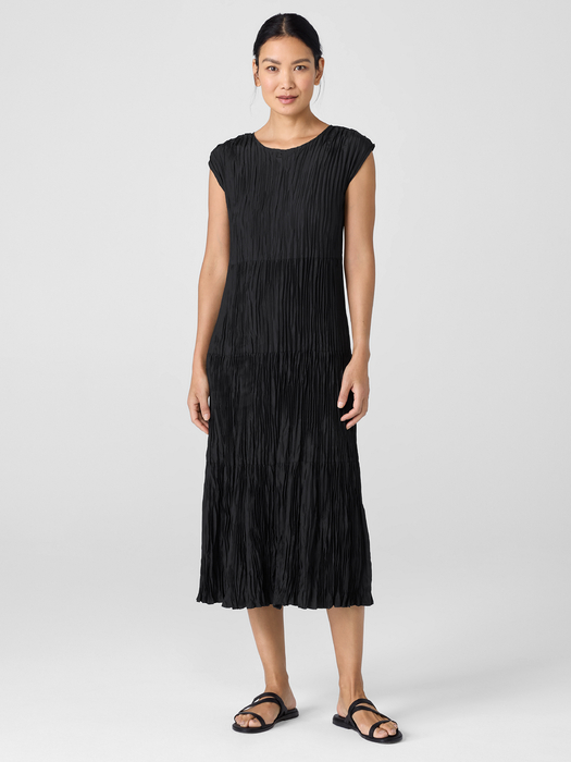 Crushed Silk Jewel NeckTiered Dress - Eileen Fisher Outlet