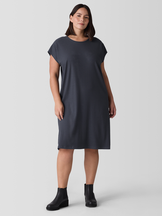 Textured Stretch Rib Round Neck Dress - Eileen Fisher Outlet