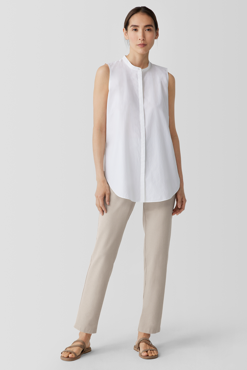 Stretch Silk Charmeuse Band Collar Long Shirt - Eileen Fisher Outlet