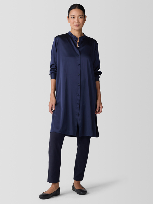 Stretch Silk Charmeuse Band Collar Long Shirt - Eileen Fisher Outlet