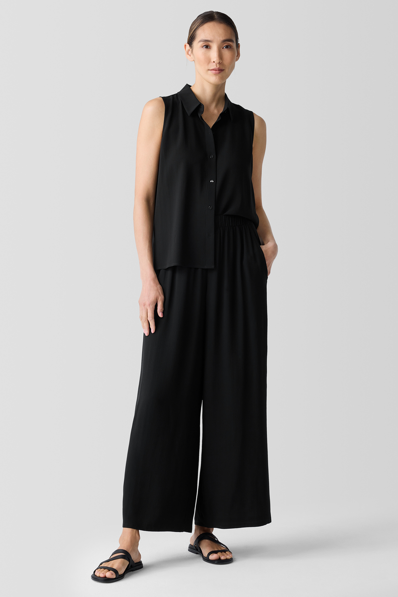 Silk Georgette Crepe Classic Collar Sleeveless Shirt - Eileen Fisher Outlet