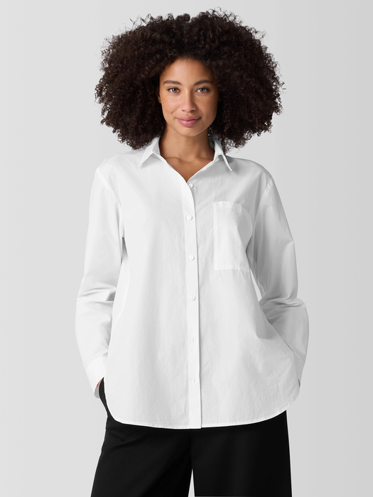 Washed Organic Cotton Poplin Classic Collar Long Shirt - Eileen Fisher Outlet
