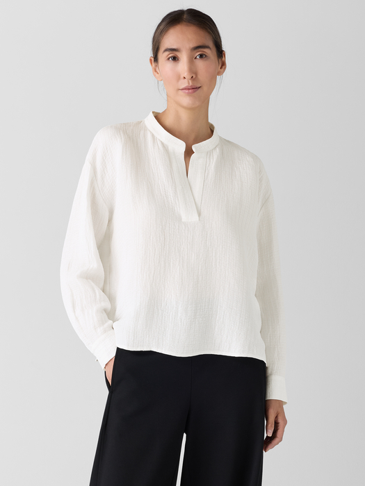 Silk Linen Box Band Collar Top - Eileen Fisher Outlet