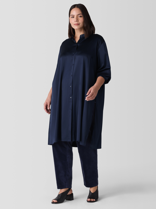 Stretch Silk Charmeuse Band Collar Long Shirt - Eileen Fisher Outlet
