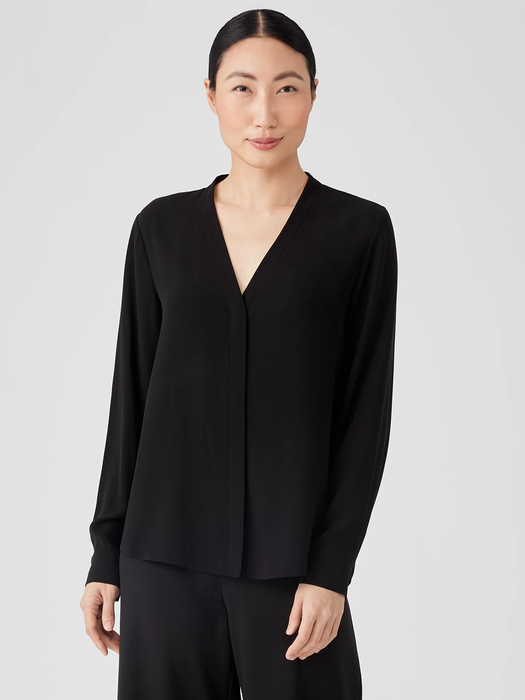 Silk Georgette Crepe V-Neck Shirt - Eileen Fisher Outlet