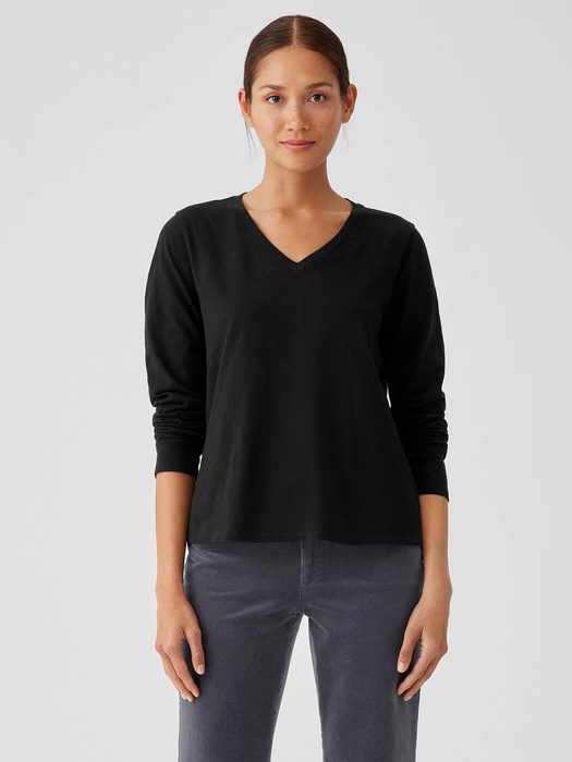 Organic Cotton Slub V-Neck Top - Eileen Fisher Outlet