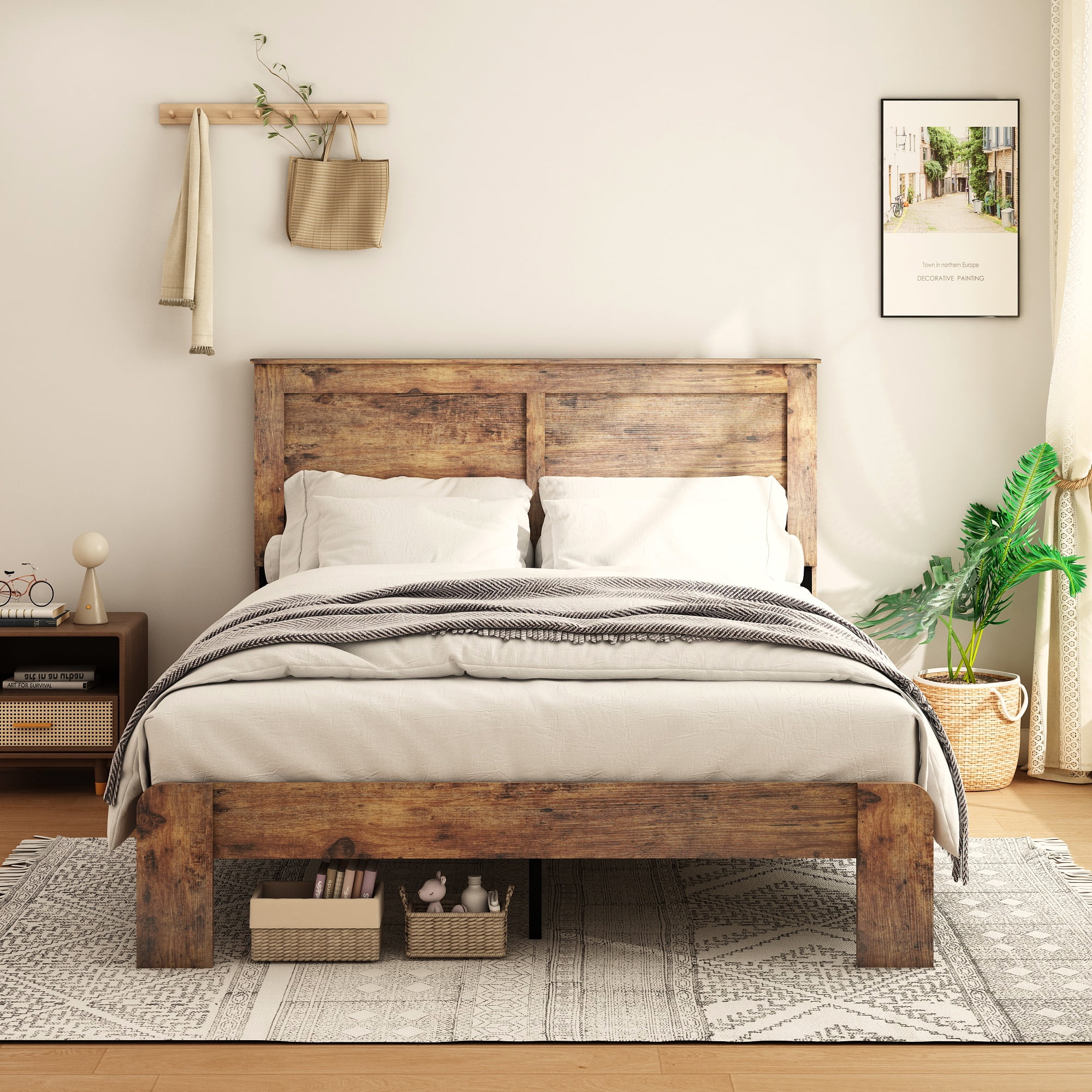 PAPROOS Queen Size Wood Bed Frame, Heavy Duty Wood Platform Bed with ...