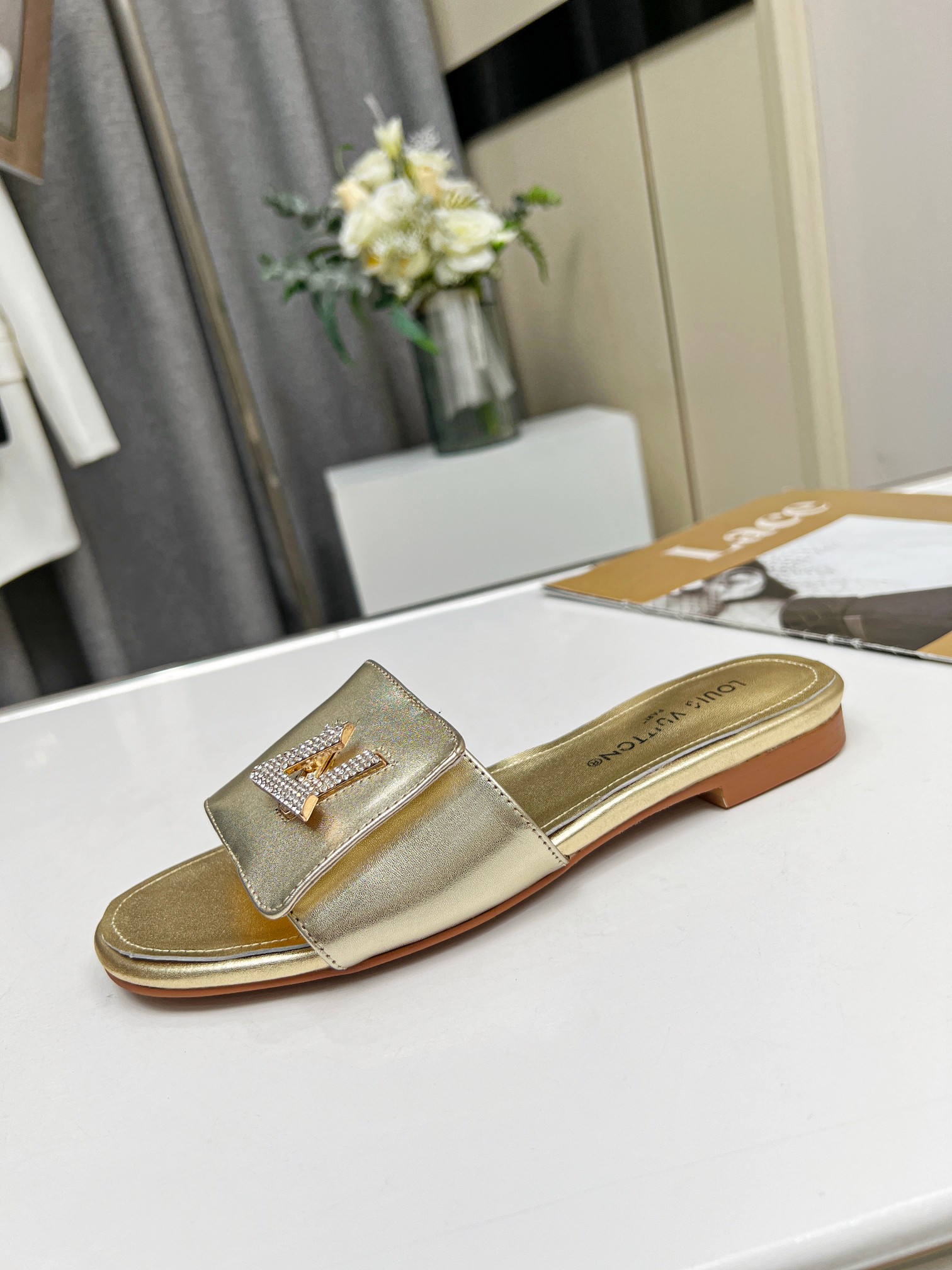 LV Gold Flat Soft Leather Slippers