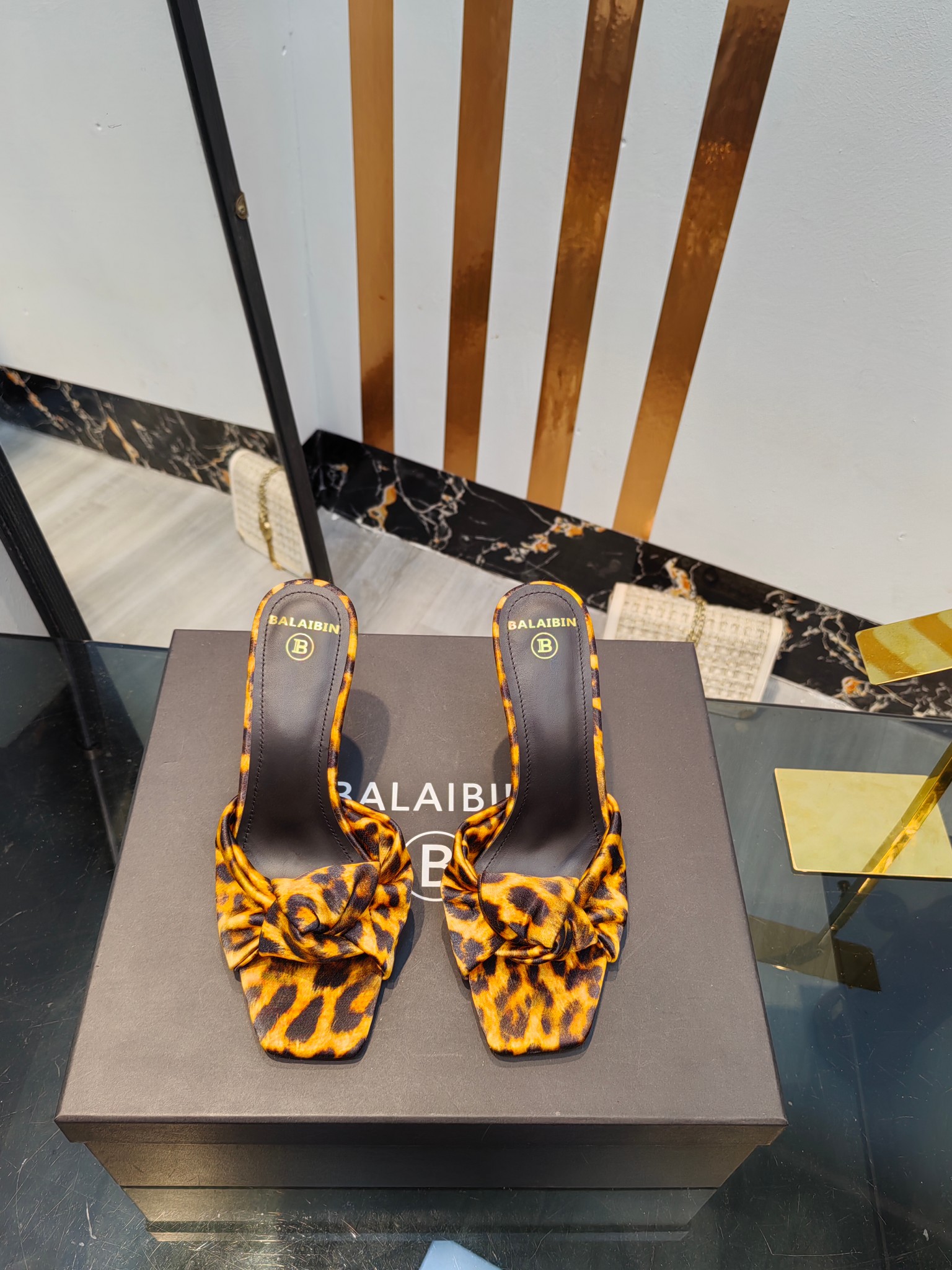 Balmain Square-Toed Leopard Print High-Heeled Slippers