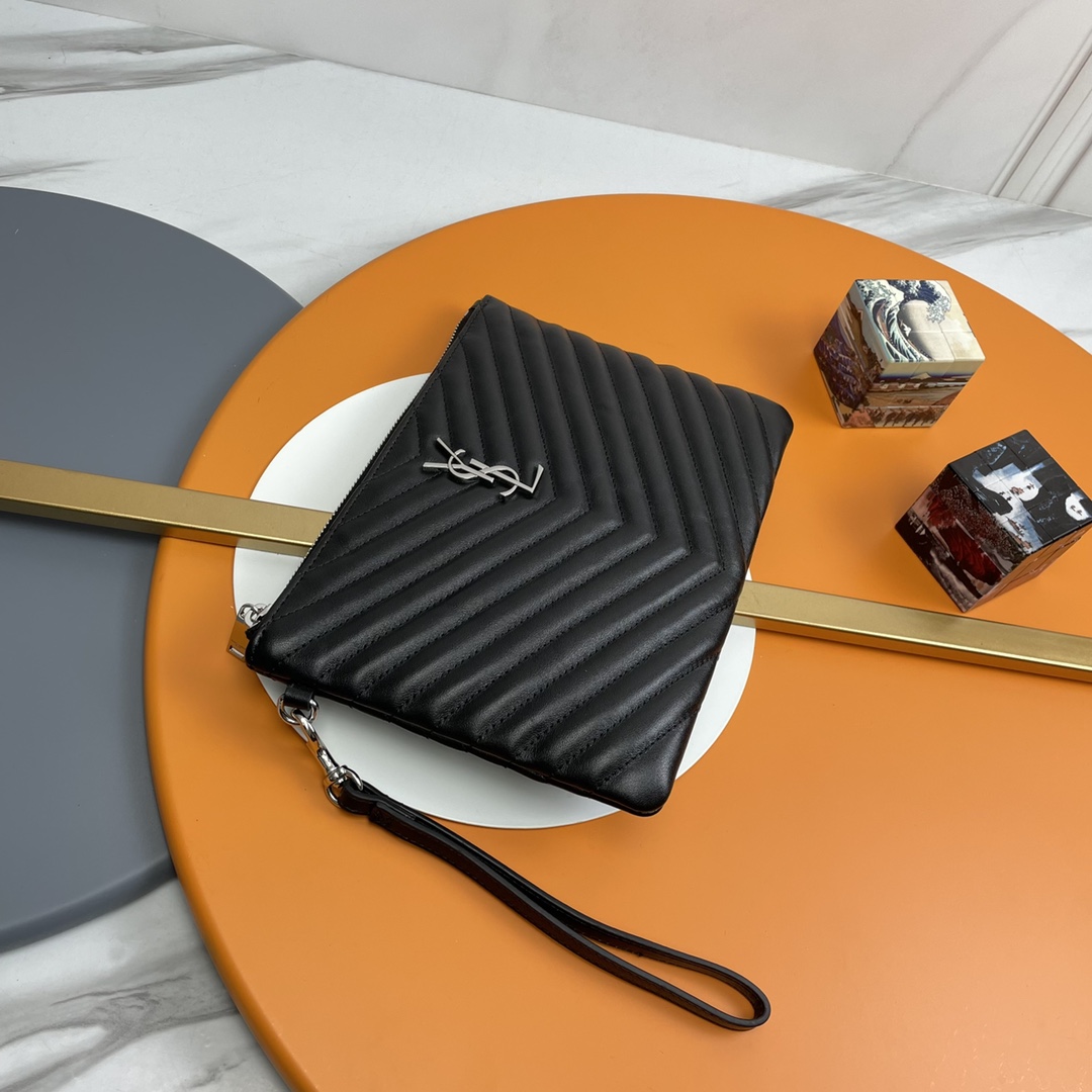 SAINT LAURENT Black Twill Leather Clutch Bag