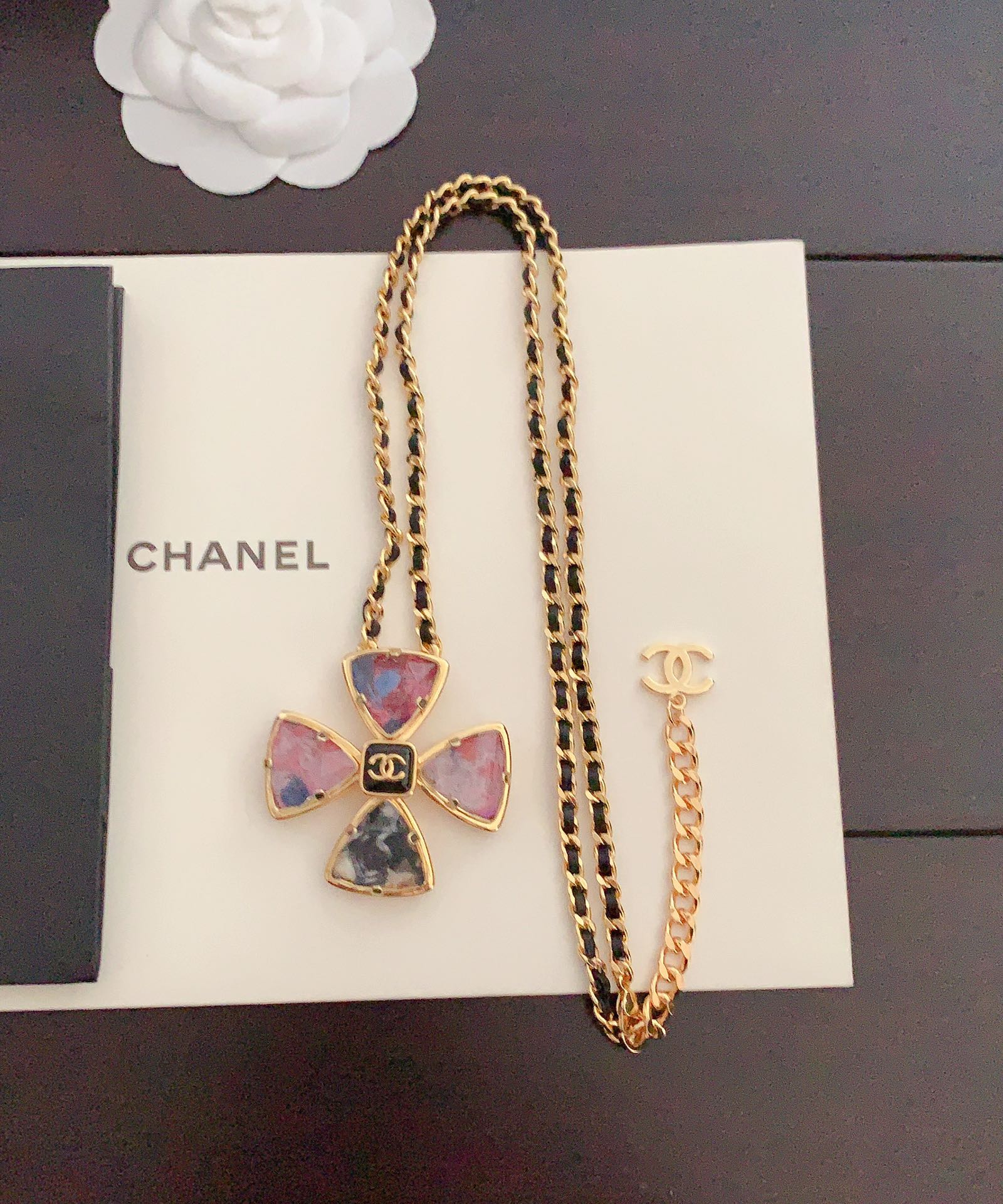 Chanel Resin Black Leather Petal Necklace
