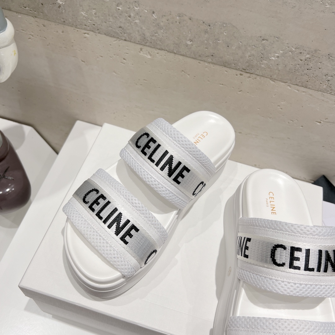 CELINE White Platform Slippers