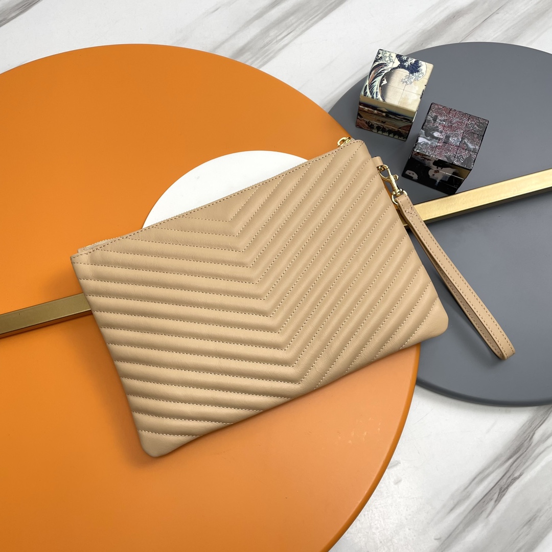 SAINT LAURENT Beige-Brown Twill Leather Clutch Bag