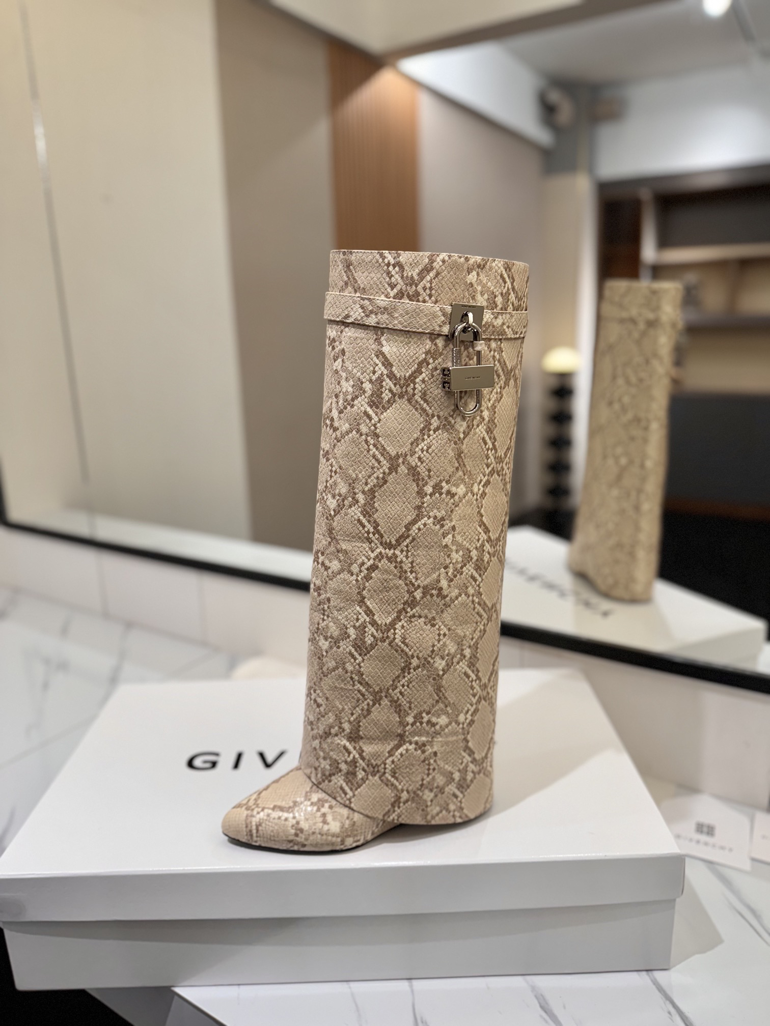 Givenchy Leather Snake Print Buckle Over-the-Knee Boots