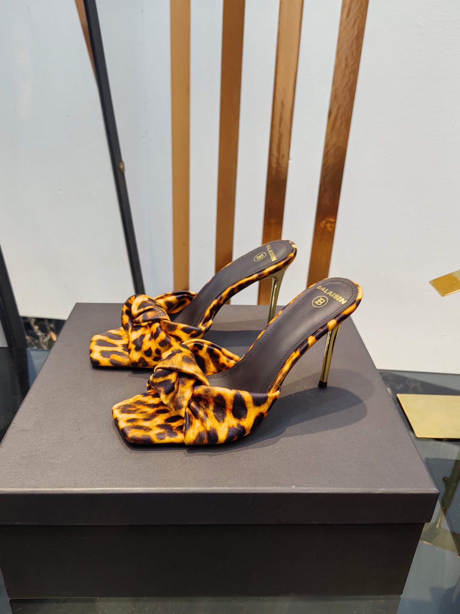 Balmain Square-Toed Leopard Print High-Heeled Slippers