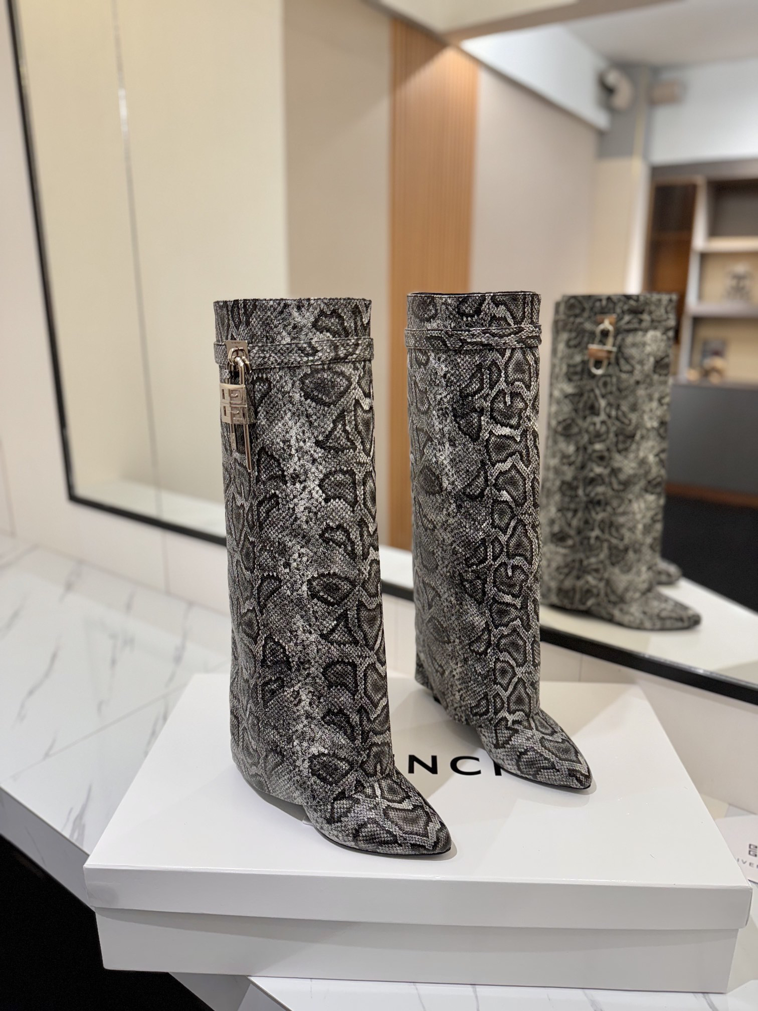 Givenchy Leather Snake Print Buckle Over-the-Knee Boots