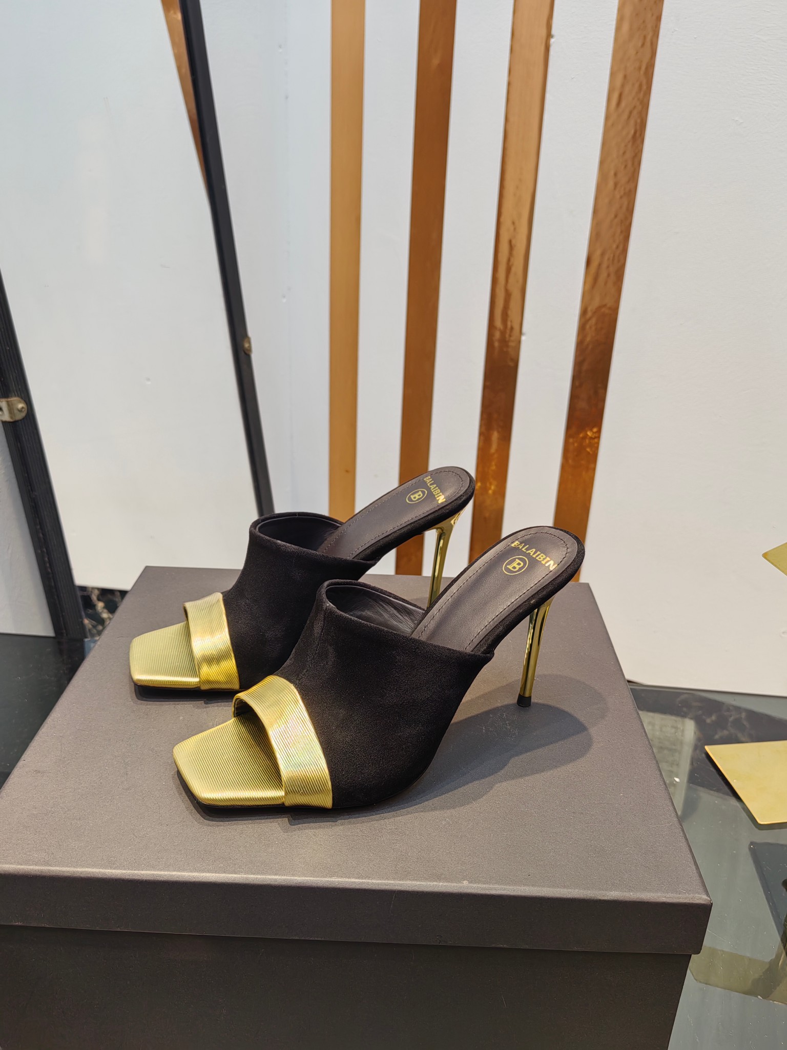 Balmain Square-Toed High-Heeled Slippers