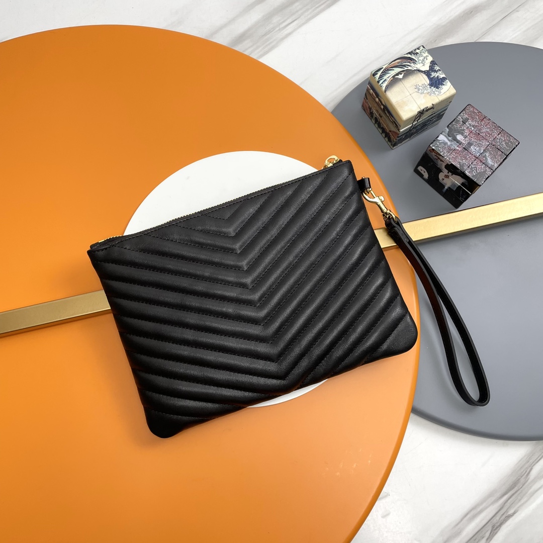 SAINT LAURENT Black Twill Leather Clutch Bag