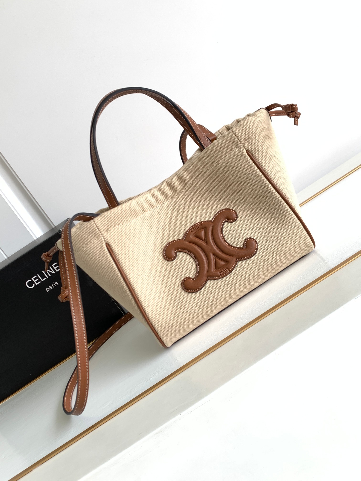 Celine Fabric-Lined Cow Leather Tote Bag