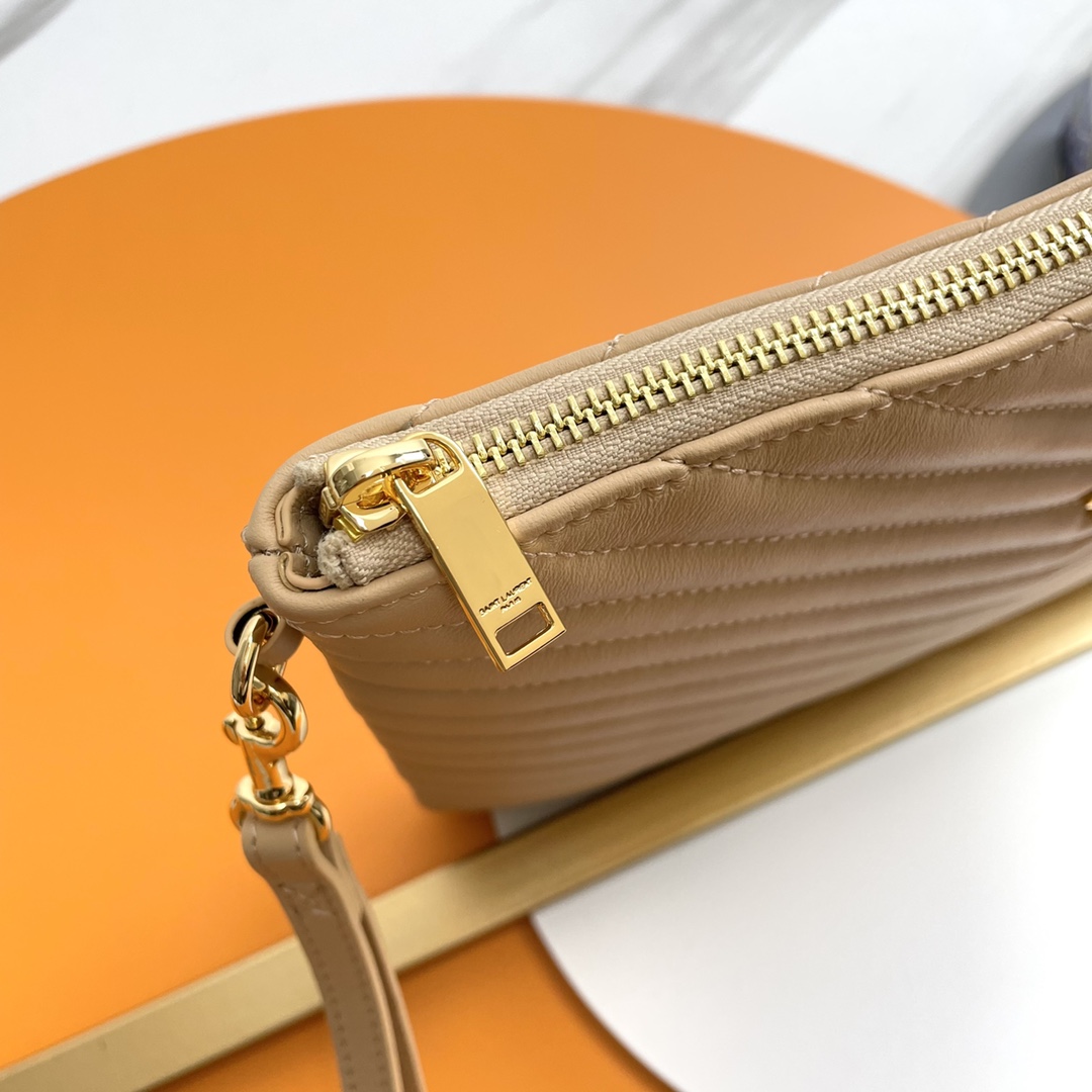 SAINT LAURENT Beige-Brown Twill Leather Clutch Bag