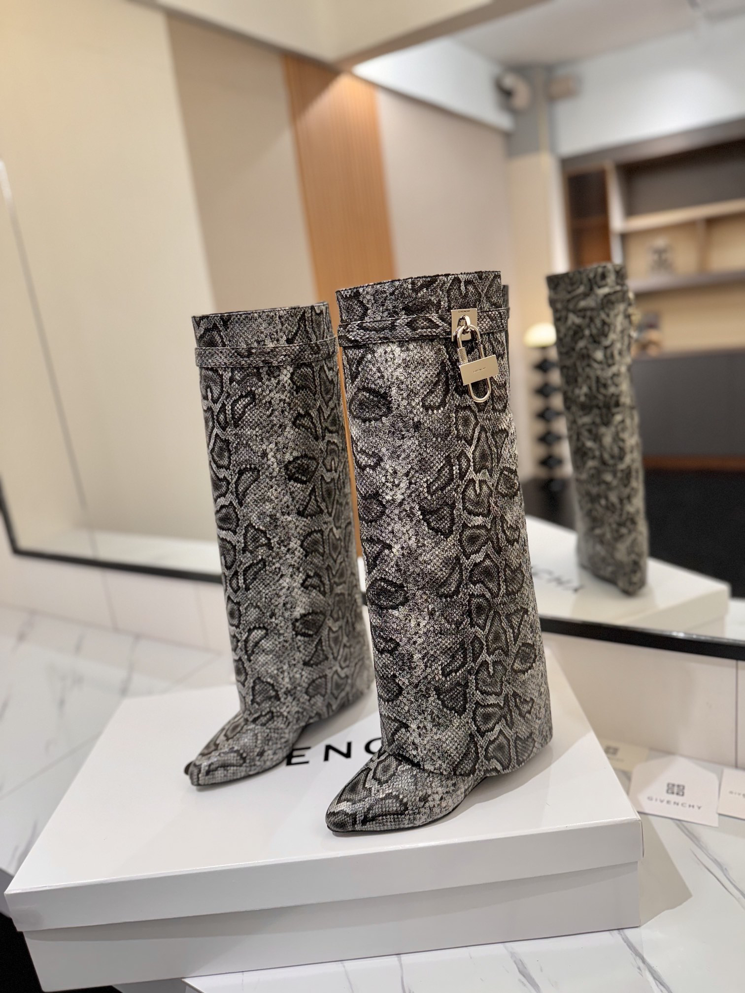 Givenchy Leather Snake Print Buckle Over-the-Knee Boots