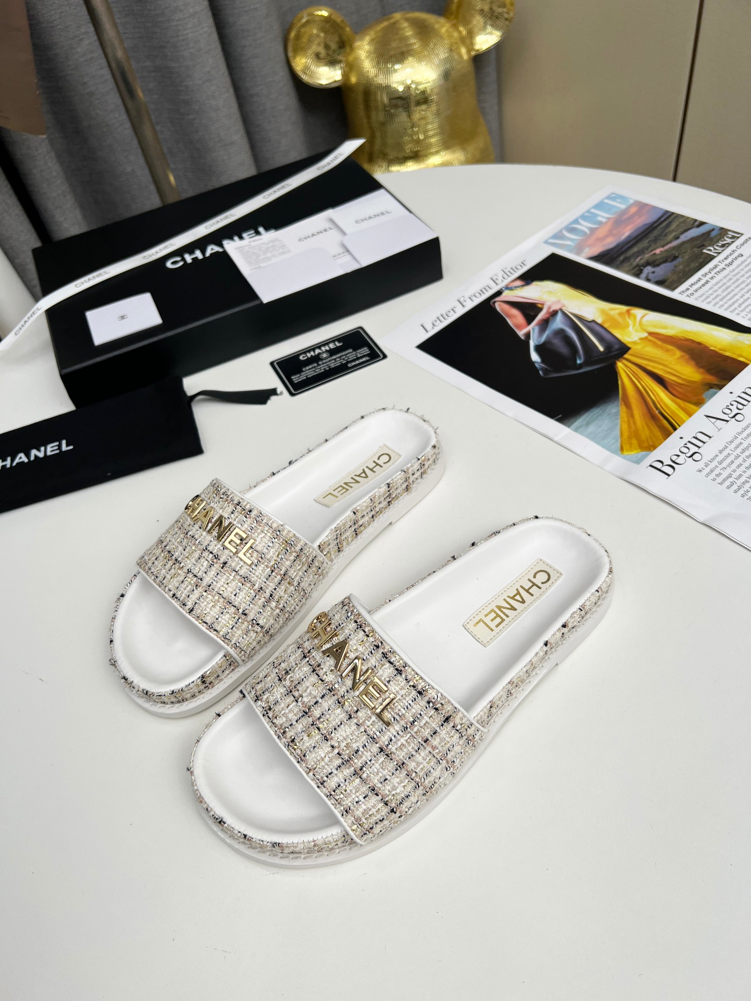 Chanel Classic Gold Wire Grid Flat Slippers
