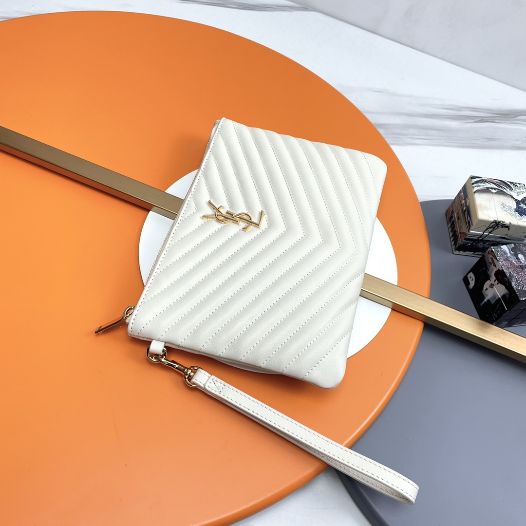 SAINT LAURENT Clutch Bag in White Twill Leather