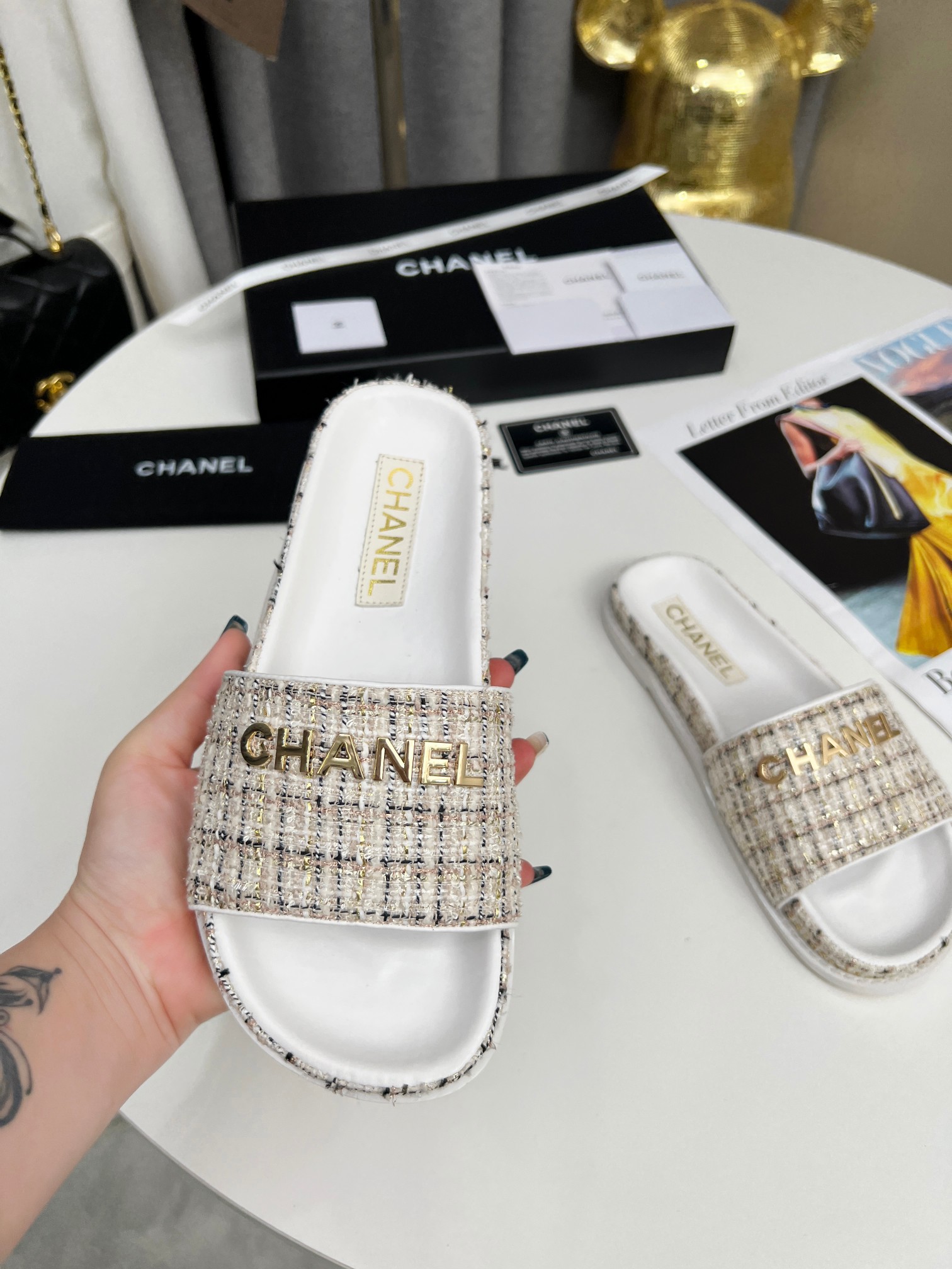 Chanel Classic Gold Wire Grid Flat Slippers