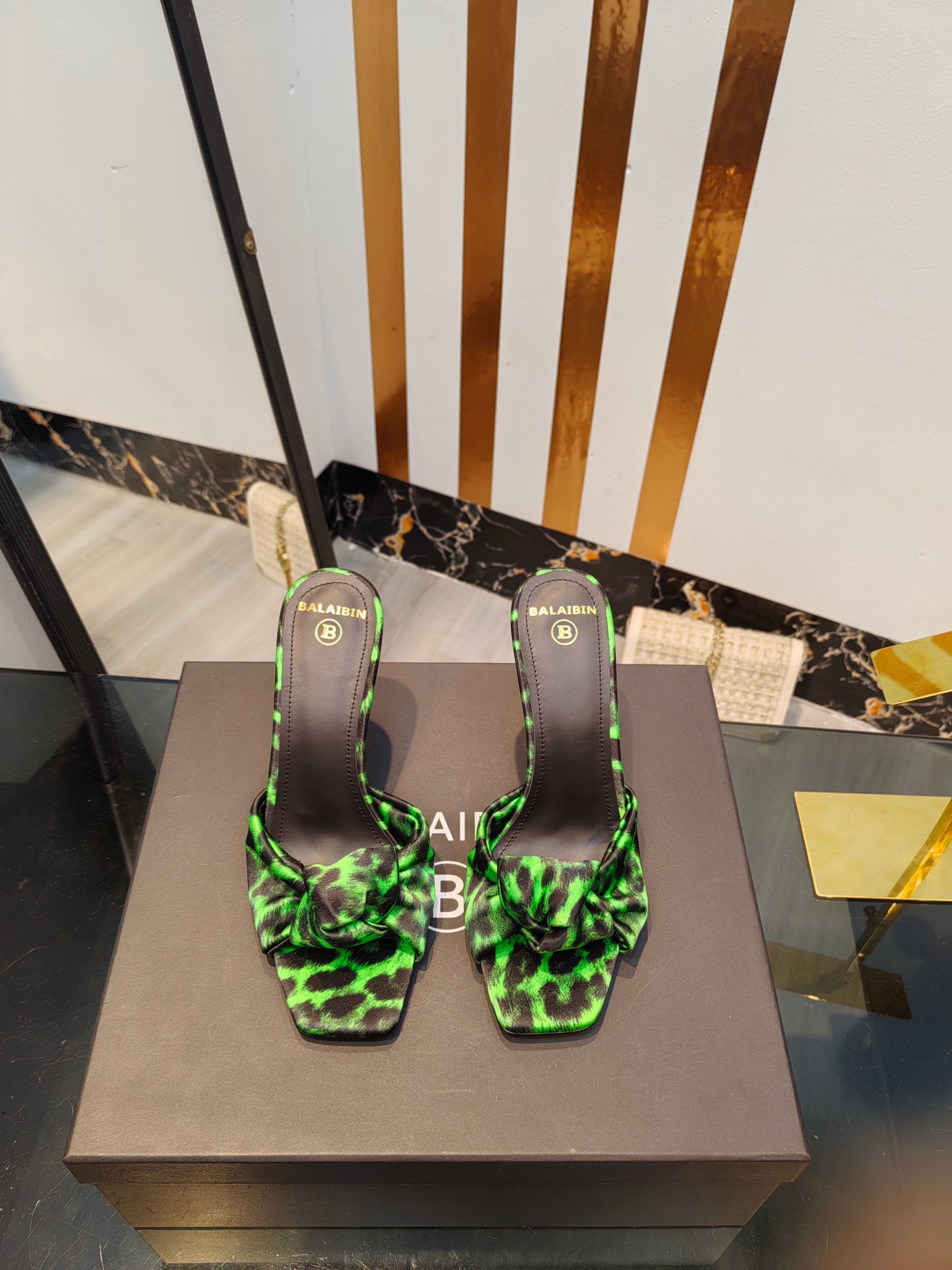 Balmain Square-Toed Leopard Print High-Heeled Slippers