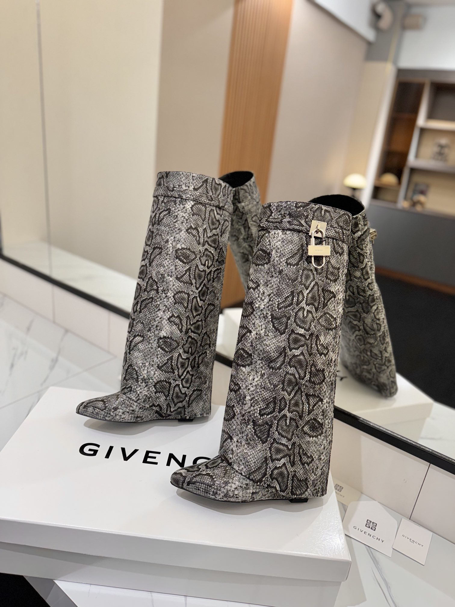 Givenchy Leather Snake Print Buckle Over-the-Knee Boots