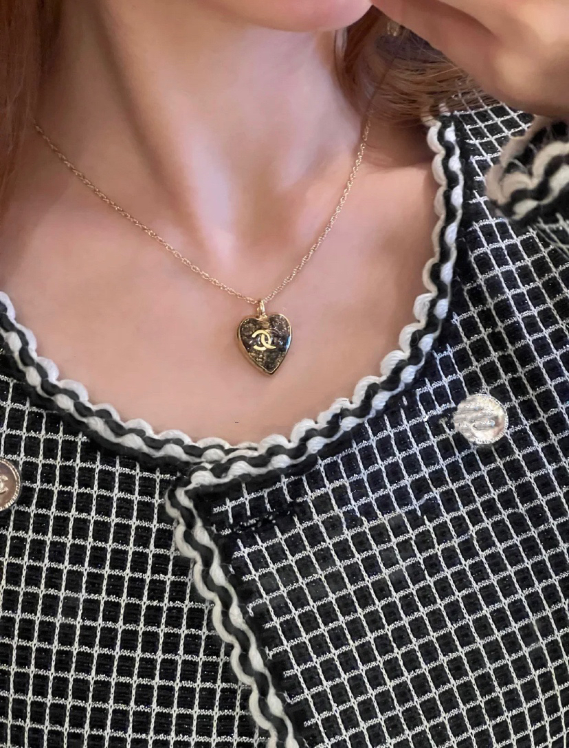 Chanel Black Gold & Black Silver Lace Heart Necklace