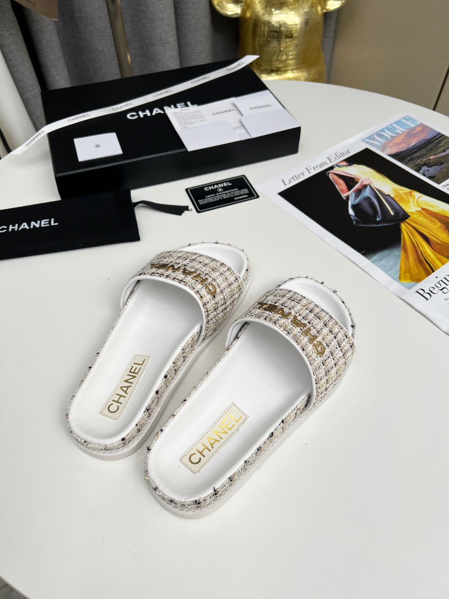 Chanel Classic Gold Wire Grid Flat Slippers